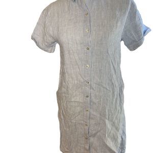 Tahari Women's Linen Mini Shirt Dress Blue White Striped Short Sleeve XS